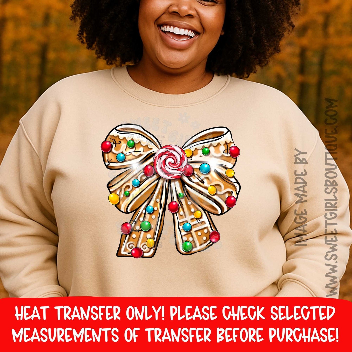 Gingerbread Christmas Bow DTF Heat Transfer | Candy Cane Holiday Cookie Bow Ready To Press Iron On Applique