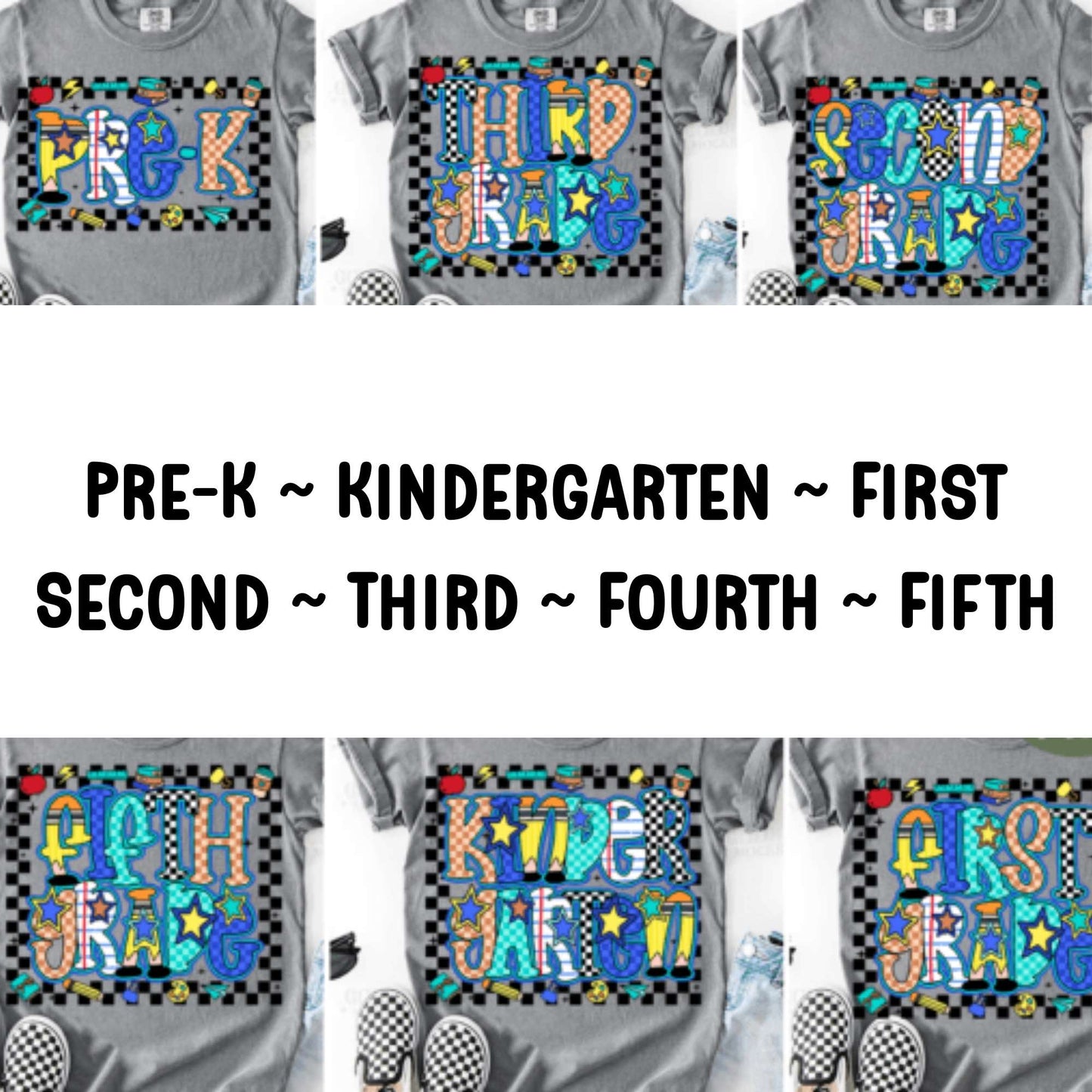 Star Checker Back to School DTF Transfers – Pre-K to 5th Grade Heat Press Designs for Kids' Shirts