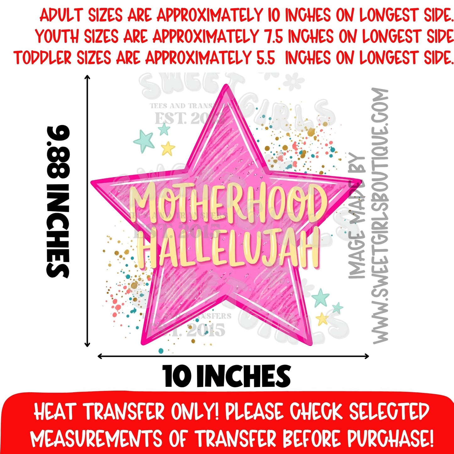 Motherhood Hallelujah Pink Star Heat Transfer, Funny Mom Life DTF Transfer, Bright Pink Motherhood Shirt Decal, Retro Mama Graphic, Trendy Mom Gift, Ready To Press Transfer, Not A Shirt