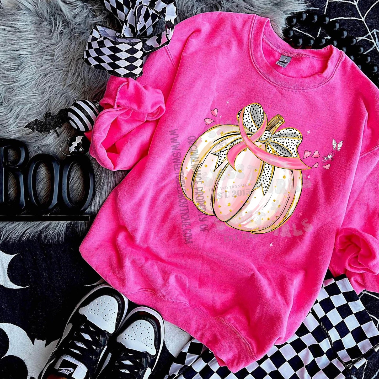 Pink Pumpkin with Breast Cancer Awareness Bow DTF Heat Transfer – Cute Fall Shirt Iron-On Design – Pink Ribbon Autumn Printable Transfer for DIY Tees