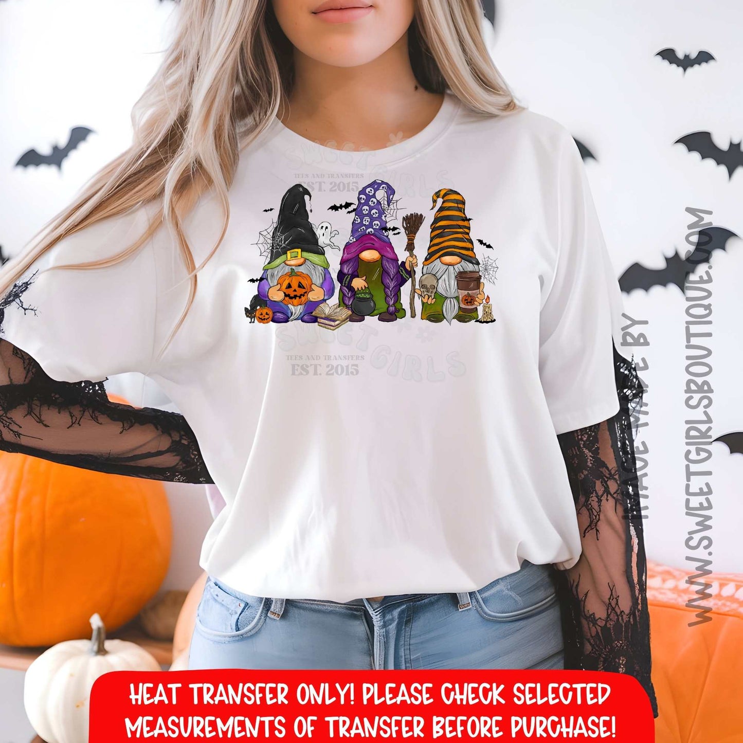 Halloween Gnomes Trio Heat Transfer – Witches, Pumpkins, Coffee, and Skulls DTF Print