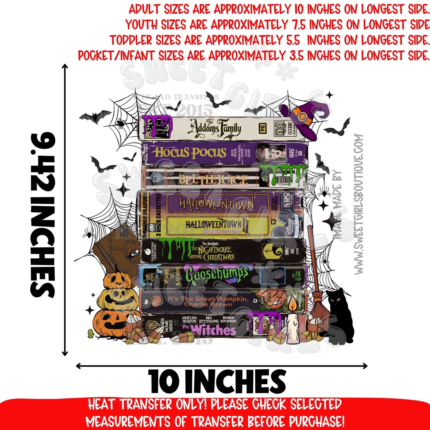 Halloween VHS Stack DTF Heat Transfer – spooky retro tape collection, purple horror movies, vintage aesthetic printable transfer for shirts