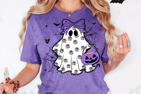 Girly Ghost with Purple Bow Halloween DTF Heat Transfer | Cute Spooky Ghost with Pumpkin Bucket | DIY Halloween Shirt Iron-On