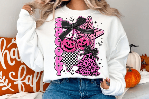 Pink Spooky Pumpkin Ghost Star Halloween DTF Heat Transfer | Cute Girly Gothic Iron-On Design | DIY Halloween Shirt Printable Transfer