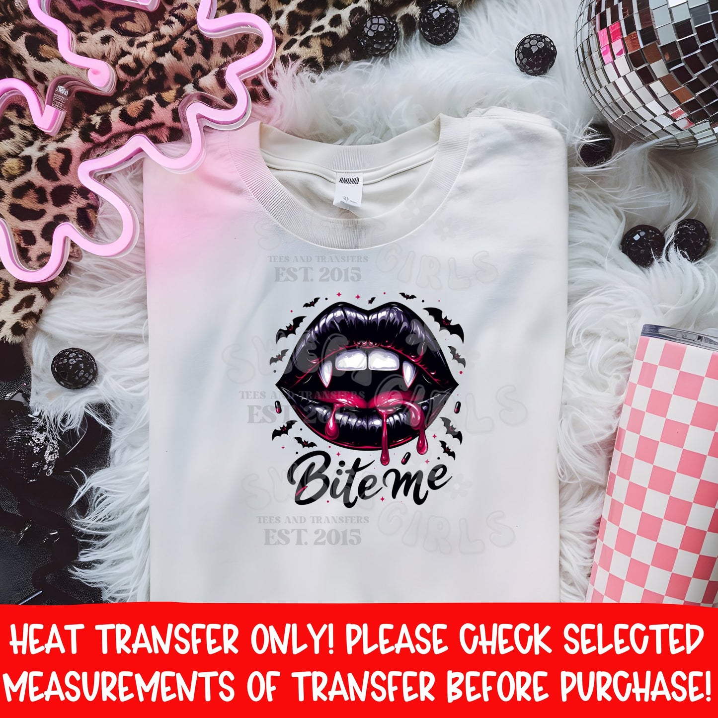 Bite Me Vampire Lips DTF Heat Transfer | Gothic Vampire Fang Lips Iron-On | Halloween Spooky Cute DIY Shirt Transfer