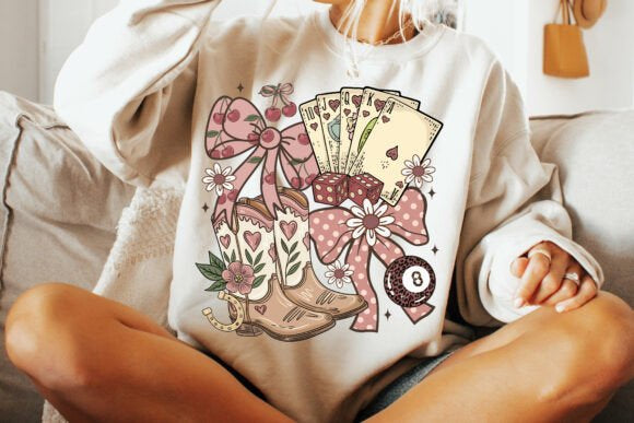 Cowgirl Boots Dice Bows Cherry Western DTF Heat Transfer Trendy Iron On Cold Peel
