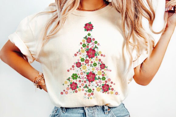 Floral Christmas Tree Poinsettia Holiday DTF Heat Transfer Ready to Press Iron On