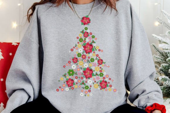 Floral Christmas Tree Poinsettia Holiday DTF Heat Transfer Ready to Press Iron On