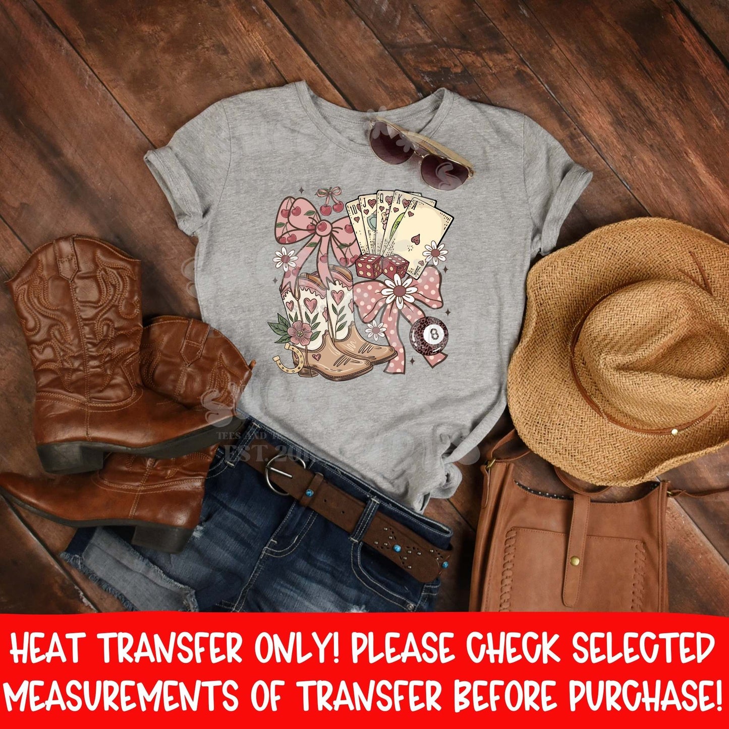 Cowgirl Boots Dice Bows Cherry Western DTF Heat Transfer Trendy Iron On Cold Peel