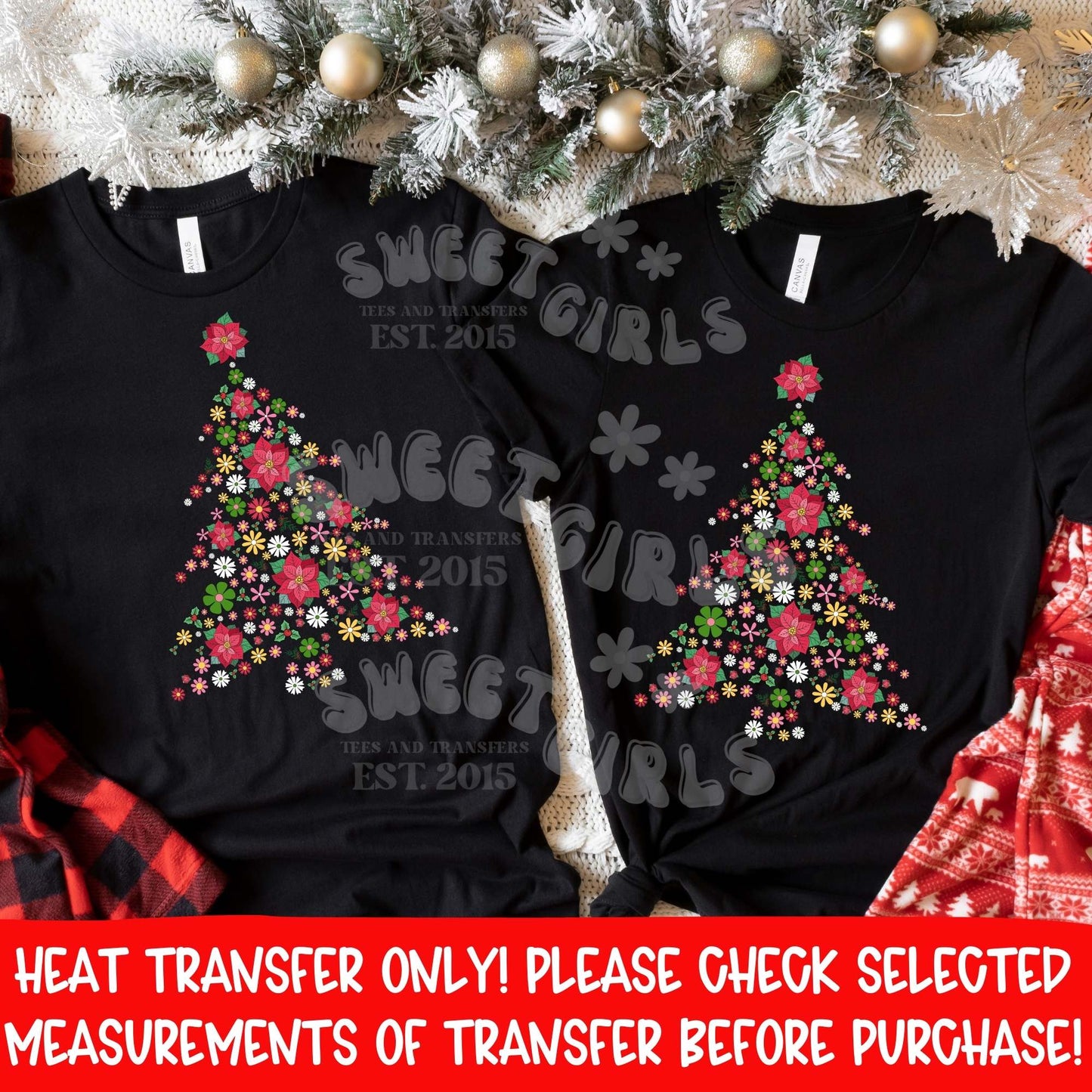 Floral Christmas Tree Poinsettia Holiday DTF Heat Transfer Ready to Press Iron On