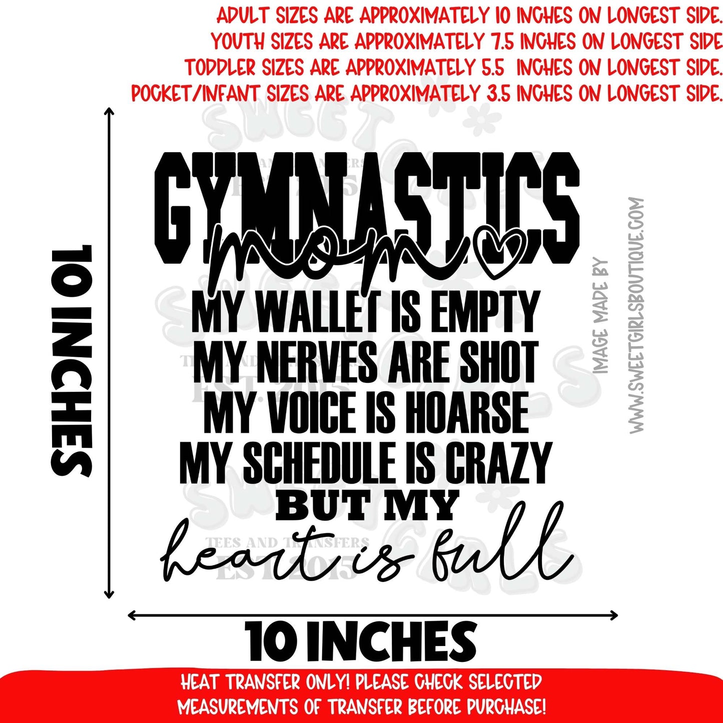 Gymnastics Mom Funny Quote Heart is Full DTF Heat Transfer Ready to Press Iron On