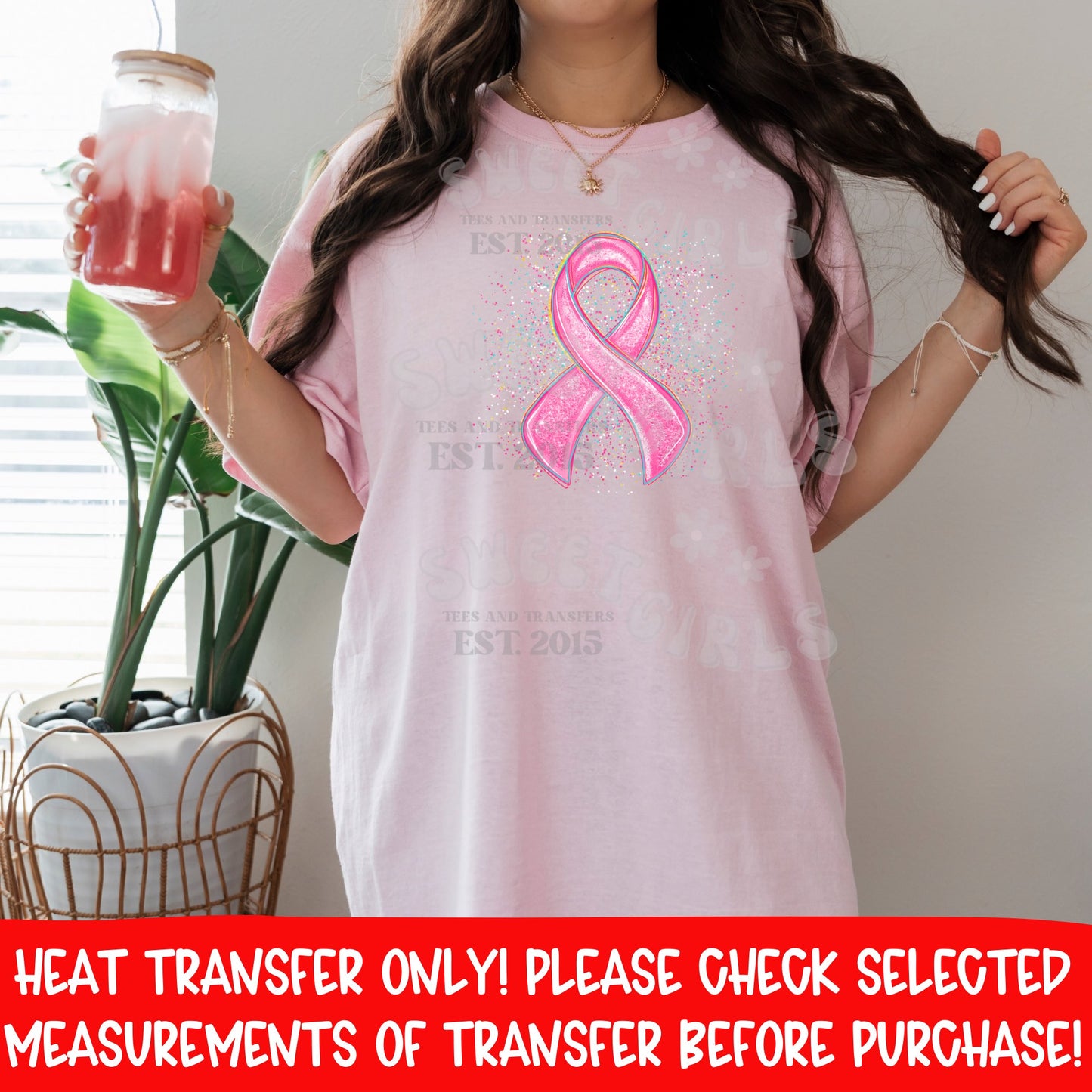Pink Glitter Ribbon Breast Cancer Awareness DTF Heat Transfer Ready to Press