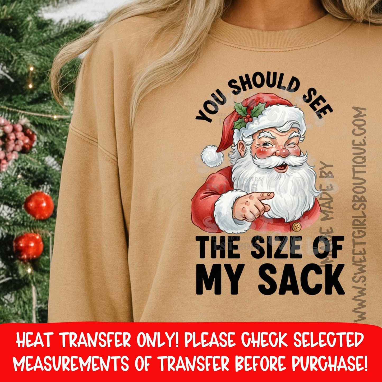 Funny Santa Sack You Should See The Size Of My Sack Christmas Humor DTF Heat Transfer Ready To Press Iron On Adult Holiday Shirt DIY Gift