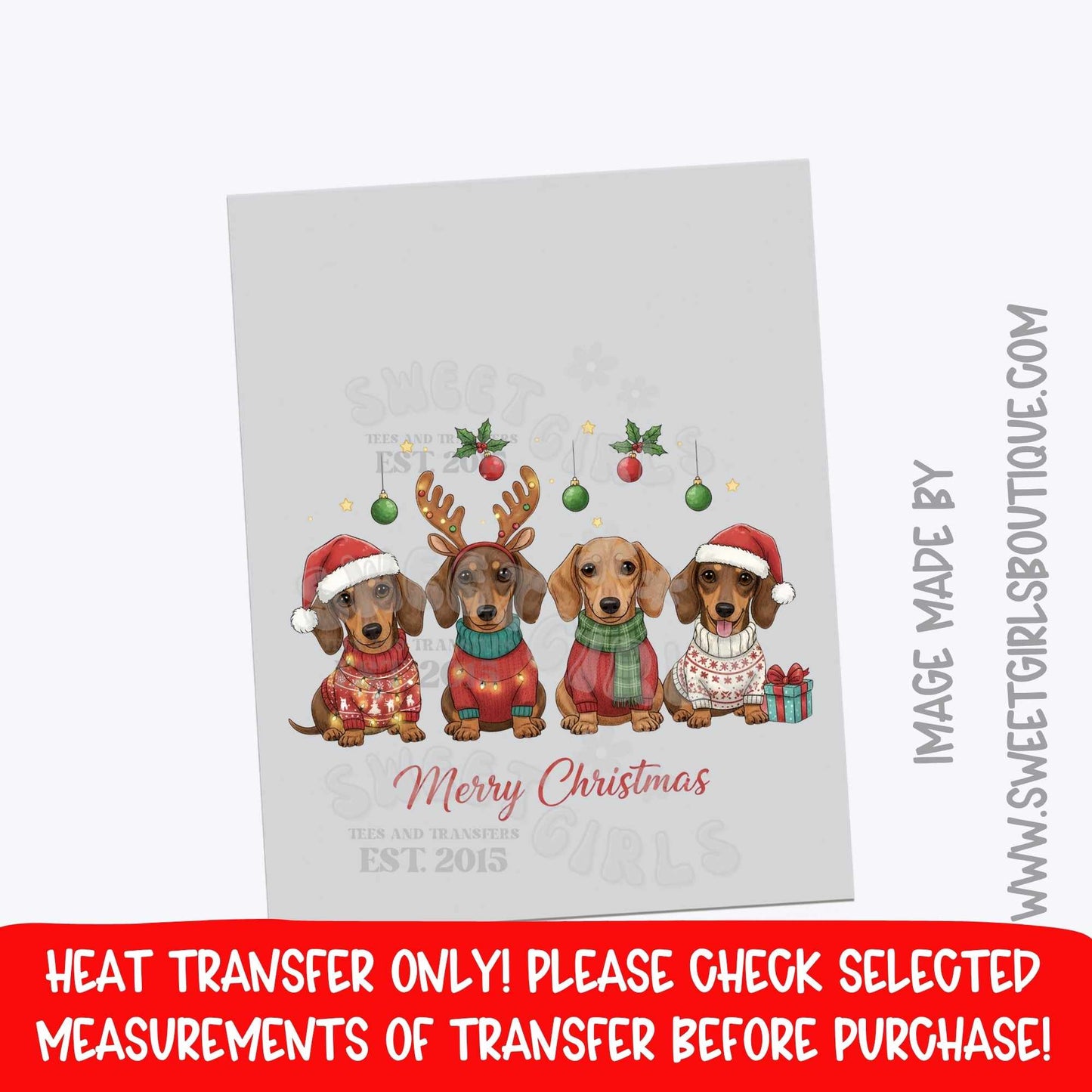 Merry Dachshund Christmas Heat Transfer | Cute Dog Holiday DTF | Funny Wiener Dog Christmas Iron On | Pet Lover Ready To Press Cold Peel Transfer | Festive Holiday Print