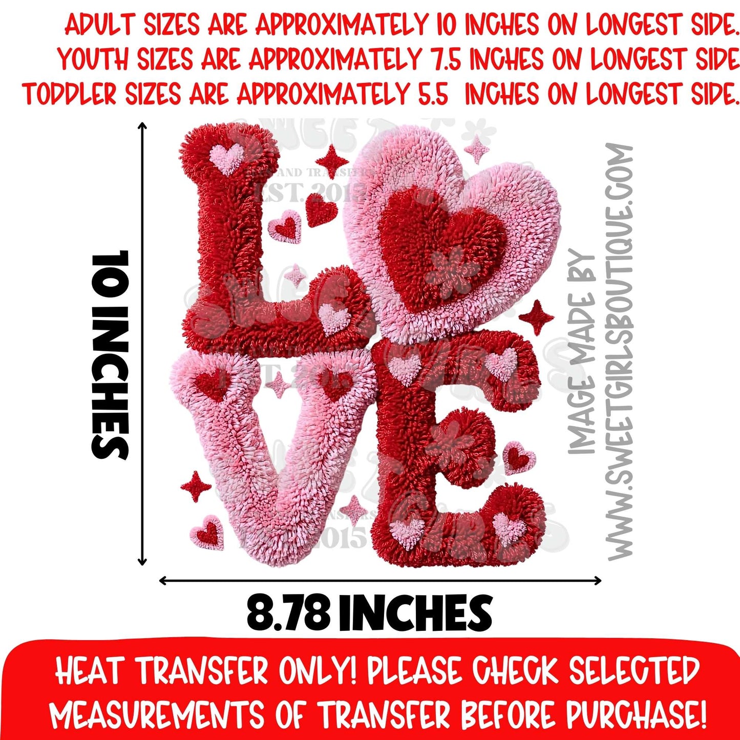 LOVE Valentine DTF Heat Transfer Fuzzy Heart Letters | Pink Red Textured Love Iron On | Valentine Heat Transfer