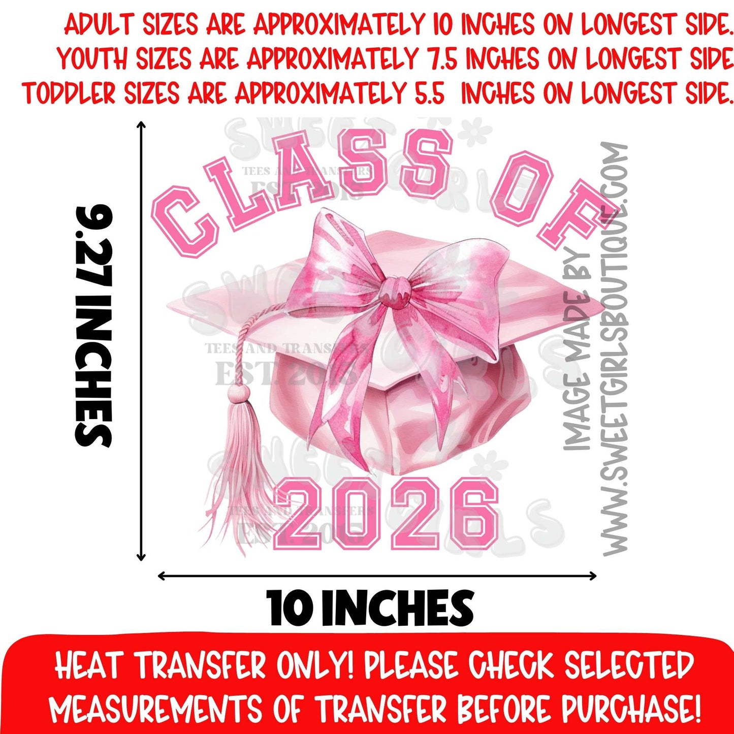 Class of 2026 DTF Heat Transfer Pink Graduation Cap Bow | Senior 2026 Girl Grad Iron On Transfer | Printable Heat Transfer