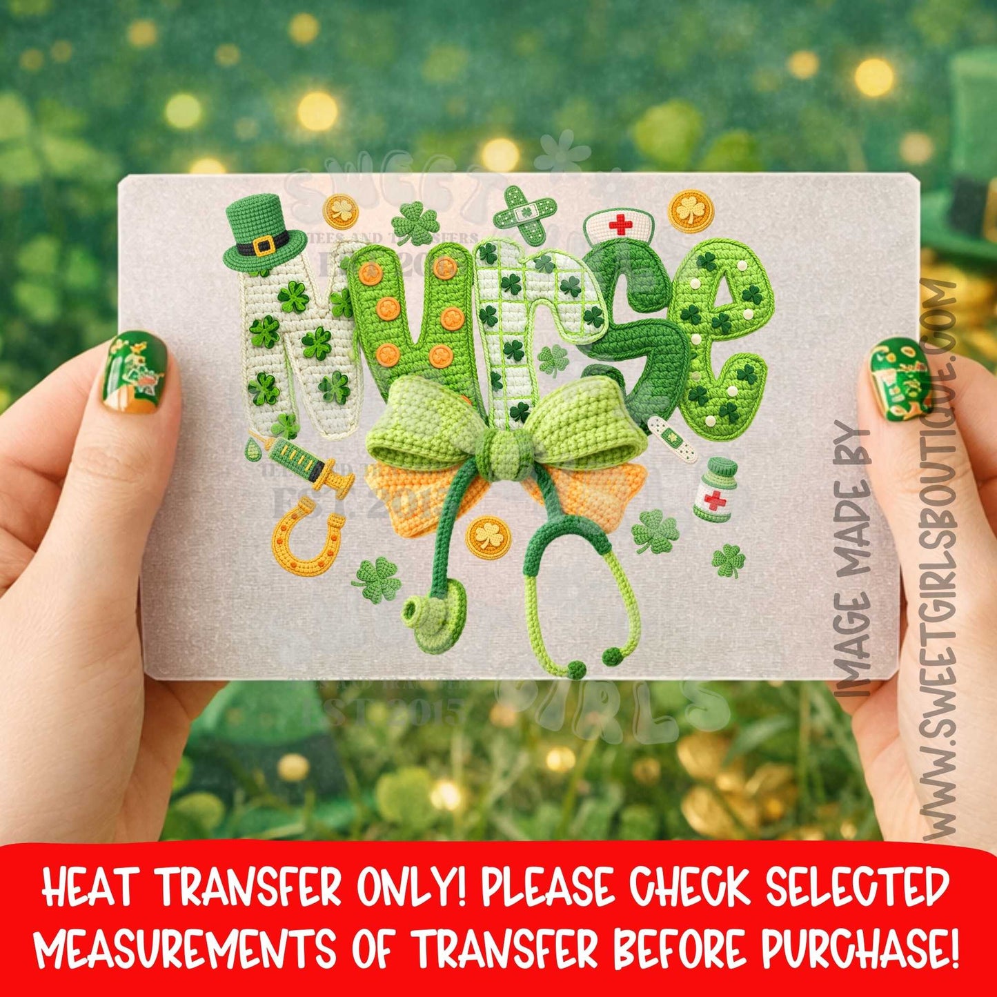 Nurse St Patrick Day Bow DTF Heat Transfer Green Clover Medical Design