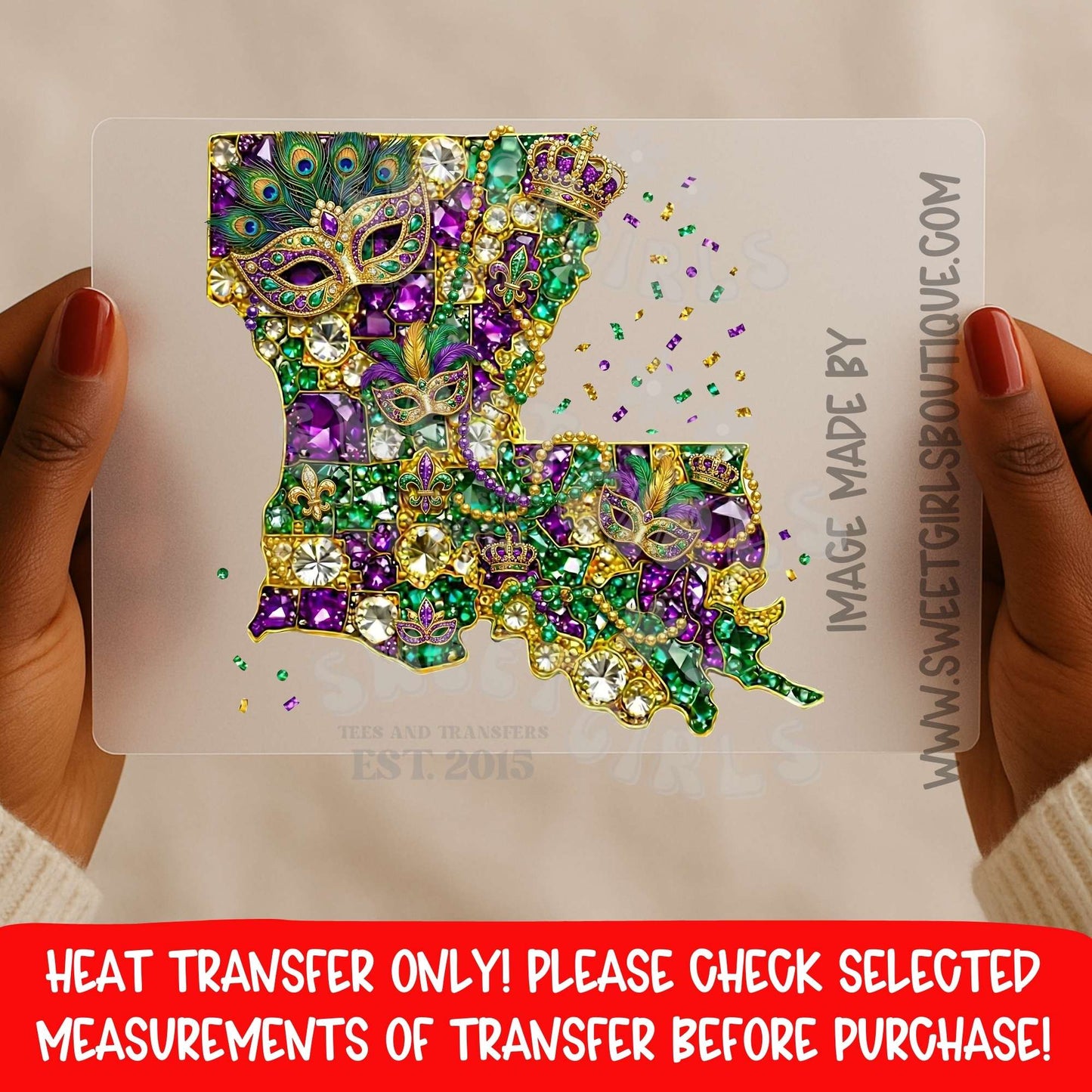 Louisiana Mardi Gras Mask State Heat Transfer Purple Green Gold DTF Iron On