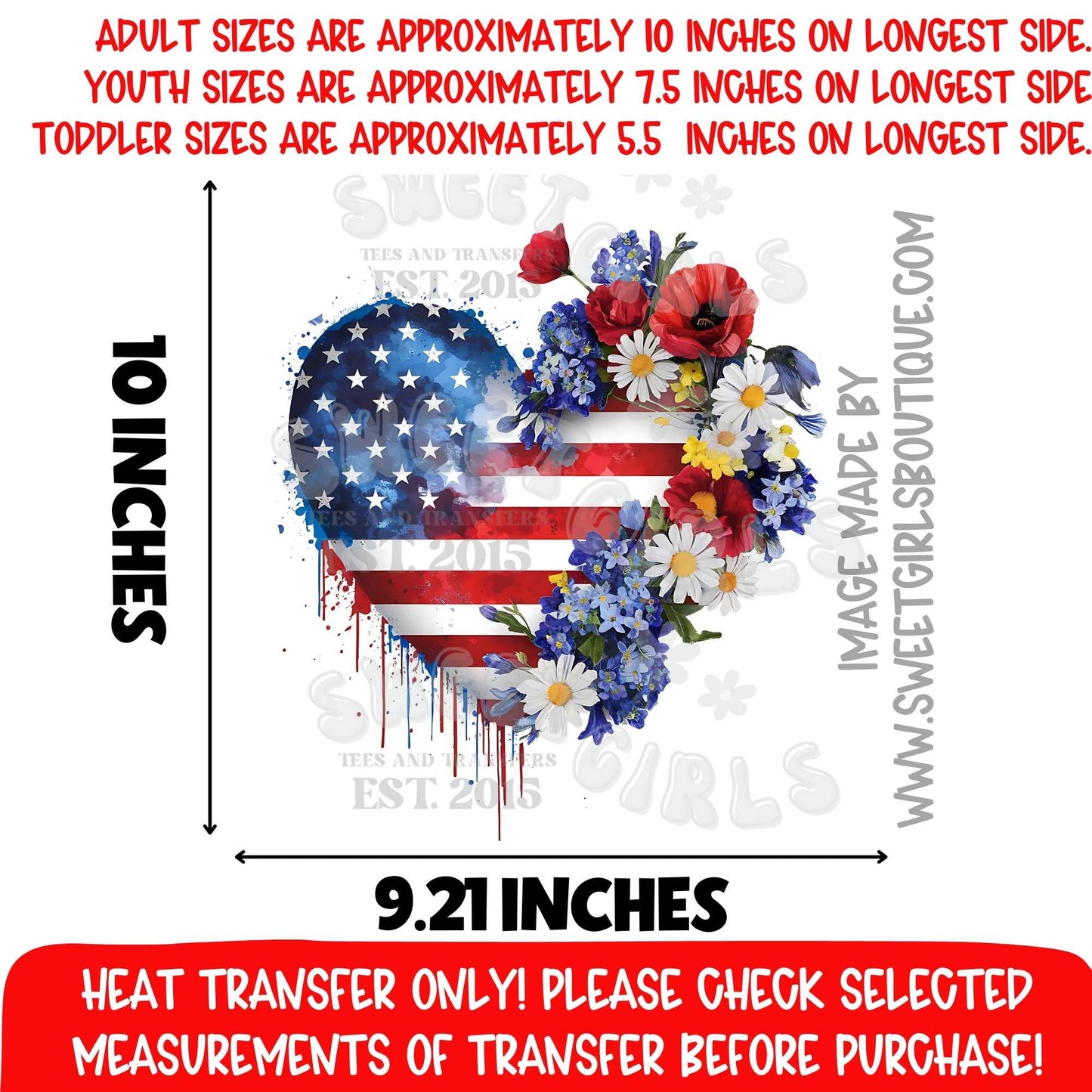 Patriotic USA Heart Floral Heat Transfer DTF Iron On Printable Transfer Not a Shirt Fourth of July Memorial Day
