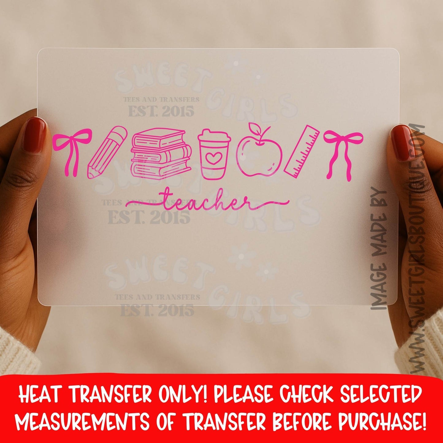Teacher Heat Transfer Icons Pencil Books Apple Pink DTF Iron On