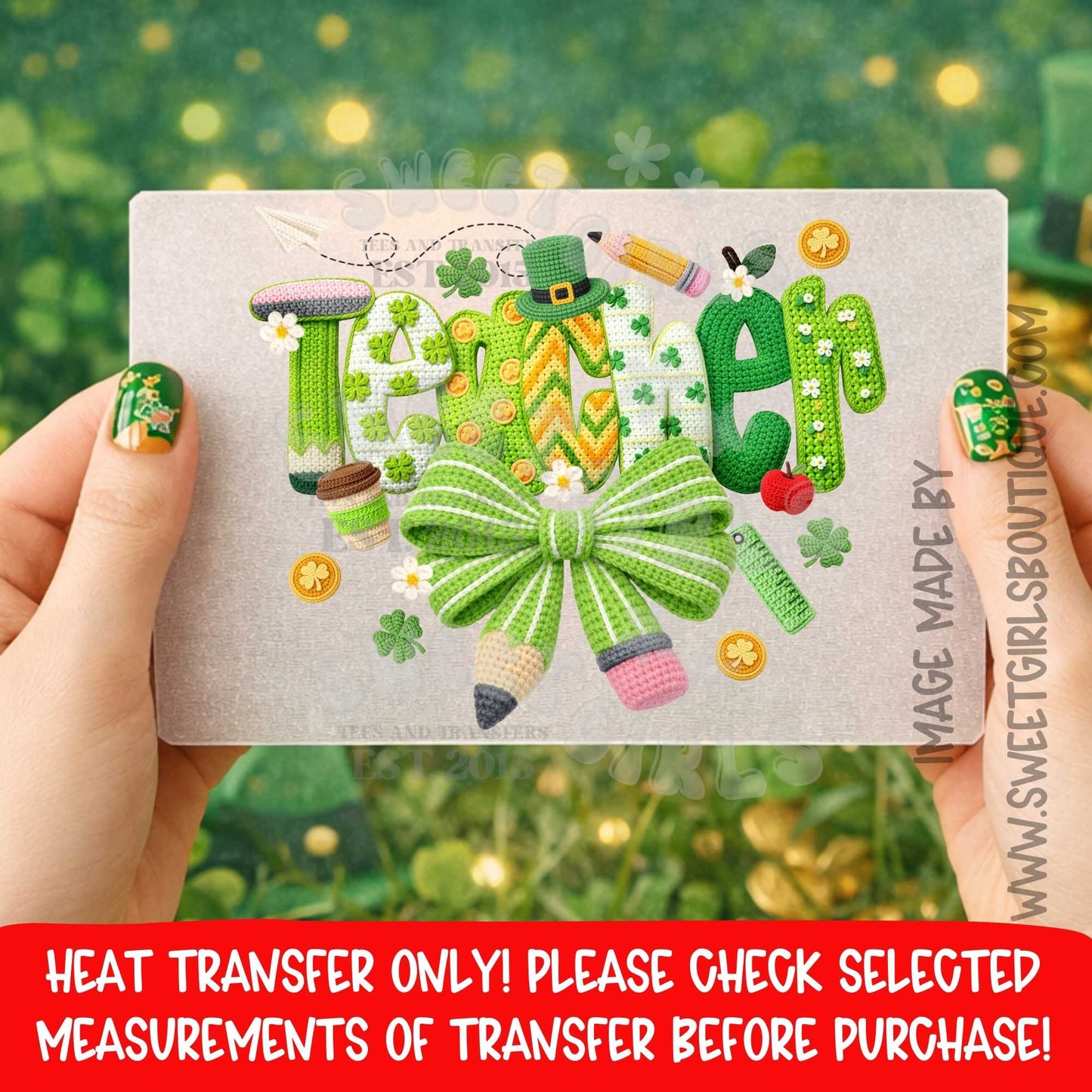 Teacher St Patrick Day Bow DTF Heat Transfer Green Clover School Spring Design