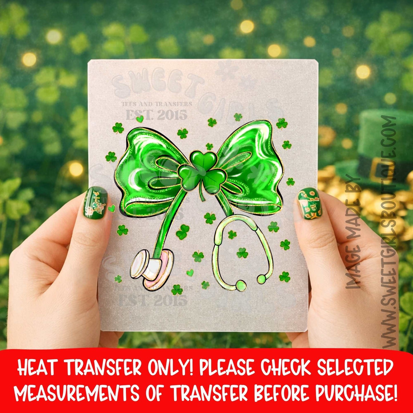 St Patricks Day Nurse Heat Transfer Shamrock Bow Stethoscope Medical DTF Iron On