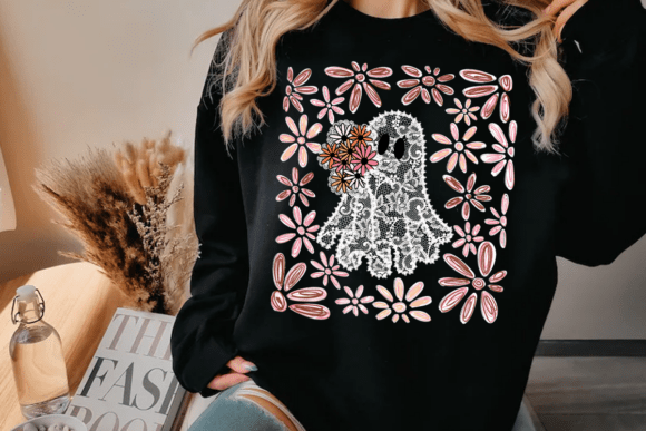 Lace Floral Ghost DTF Heat Transfer – Preppy Pink Halloween Iron-On for DIY Shirts – Soft Vintage Ghost Design for Fall Tees