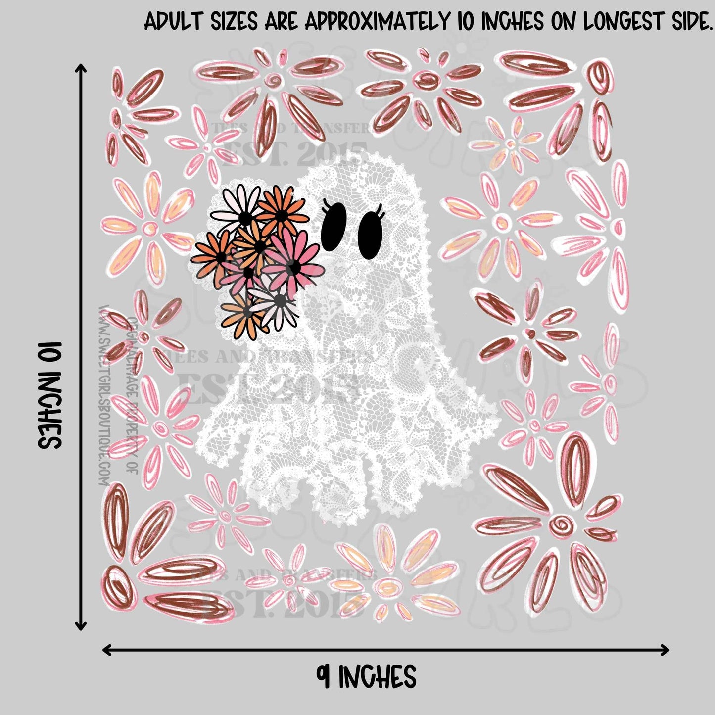 Lace Floral Ghost DTF Heat Transfer – Preppy Pink Halloween Iron-On for DIY Shirts – Soft Vintage Ghost Design for Fall Tees