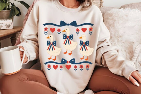 Patriotic Goose Trio DTF Transfer – 4th of July Bow Geese Heat Transfer for Shirts, DIY Apparel, Summer Decor – Red White Blue Iron-On