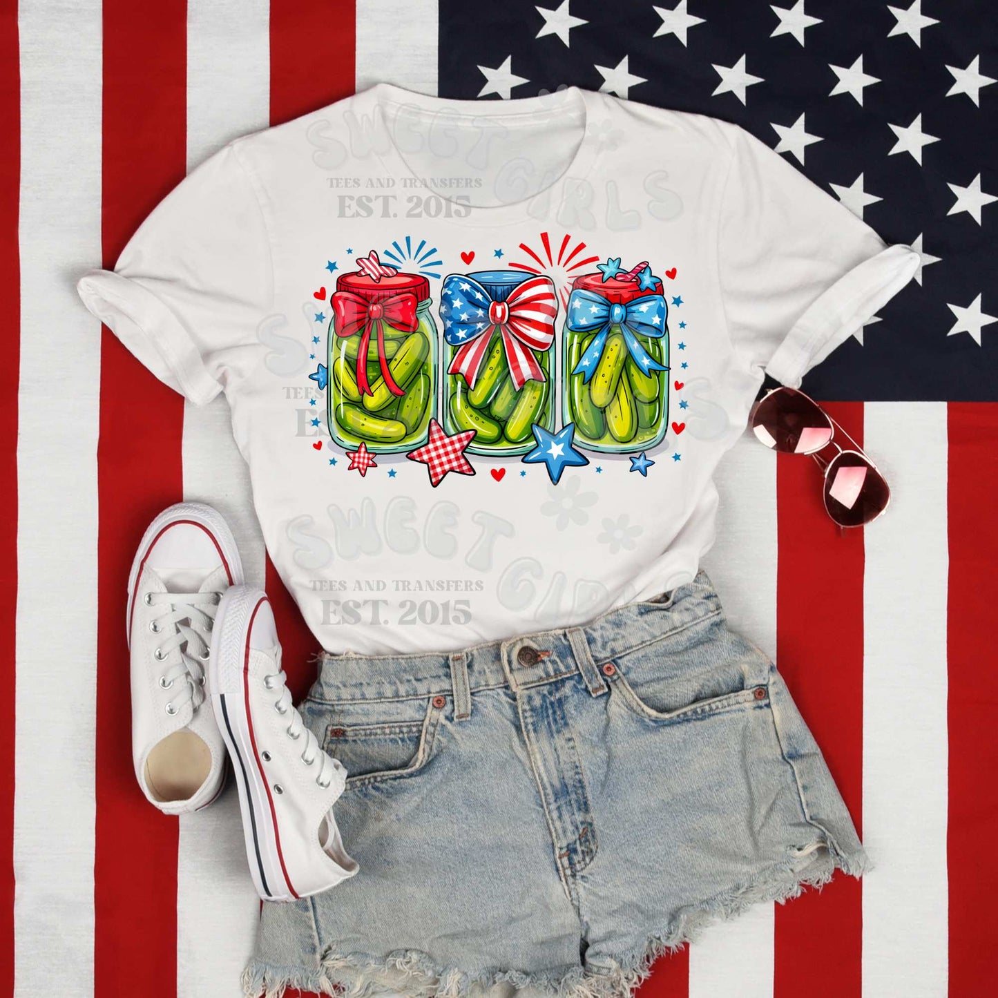 Patriotic Pickle Jars DTF Transfer – USA July 4th Bow Fireworks Design – Ready to Press