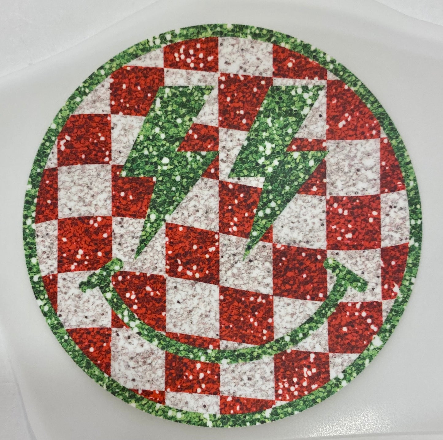 Green, Red, White happy face (Sparkly) DTF print