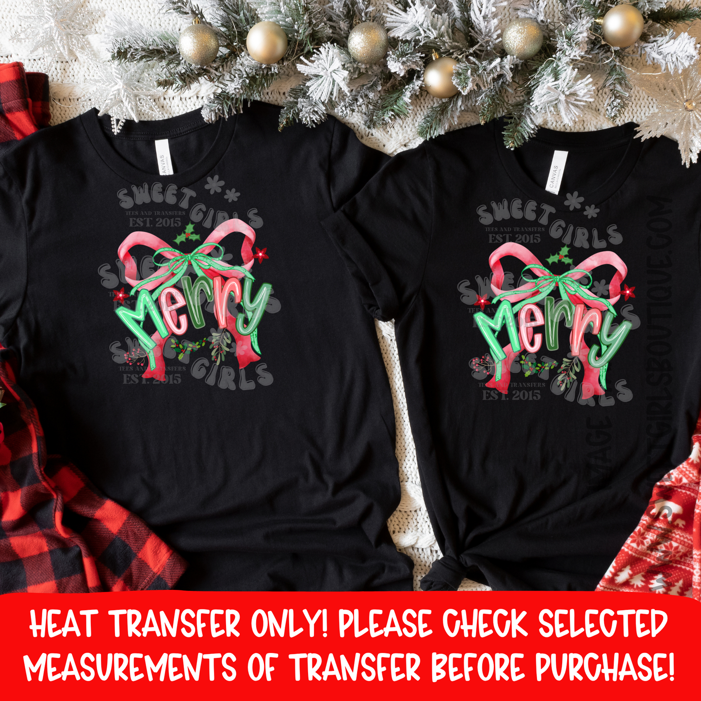 Merry Christmas Bow Heat Transfer | Red Green Holiday DTF Print | Ready to Press Iron On for Shirts, DIY Crafts, Apparel Decorating