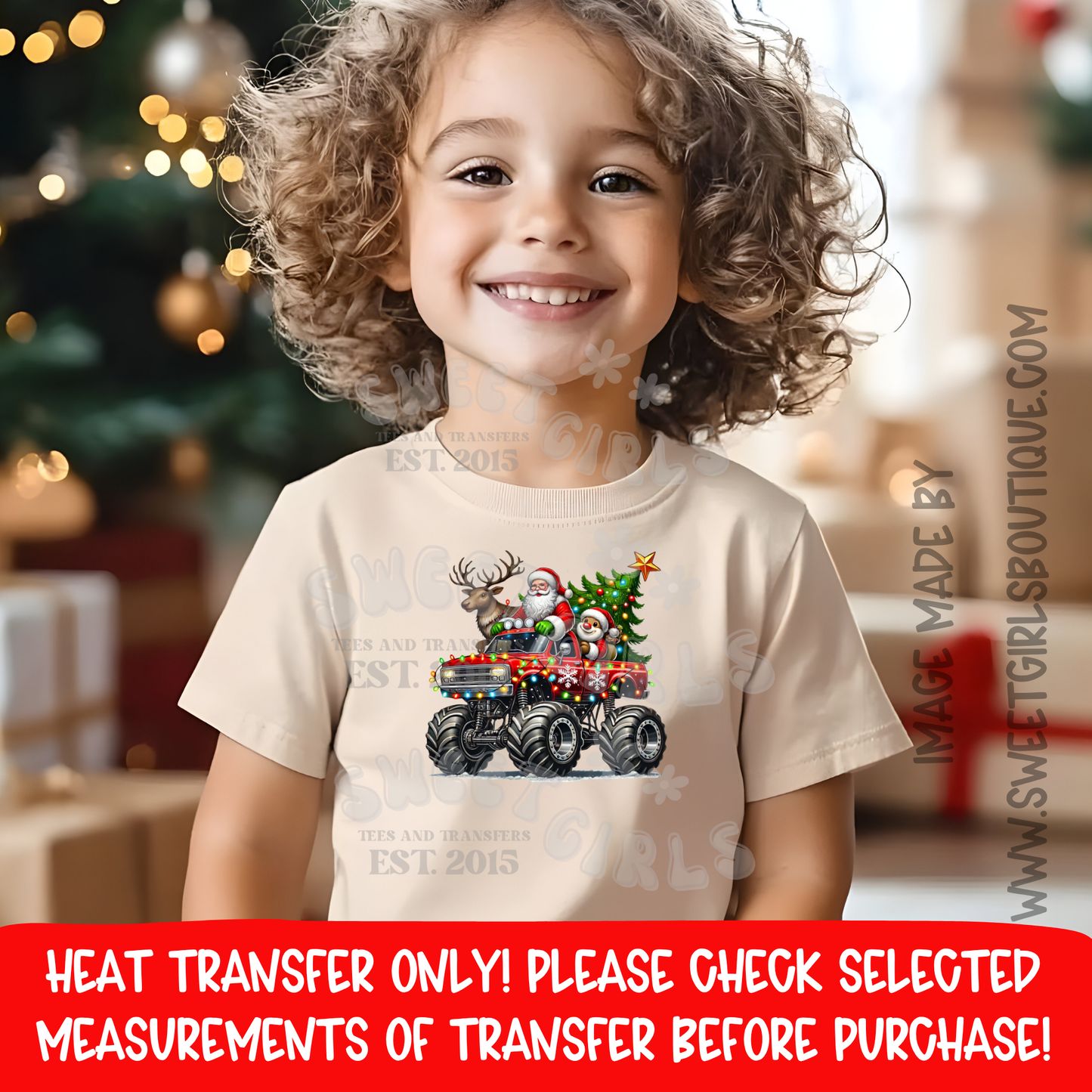 Santa Claus Reindeer Monster Truck Christmas Lights Holiday DTF Heat Transfer Ready To Press Iron On DIY Shirt Sweatshirt Hoodie Gift