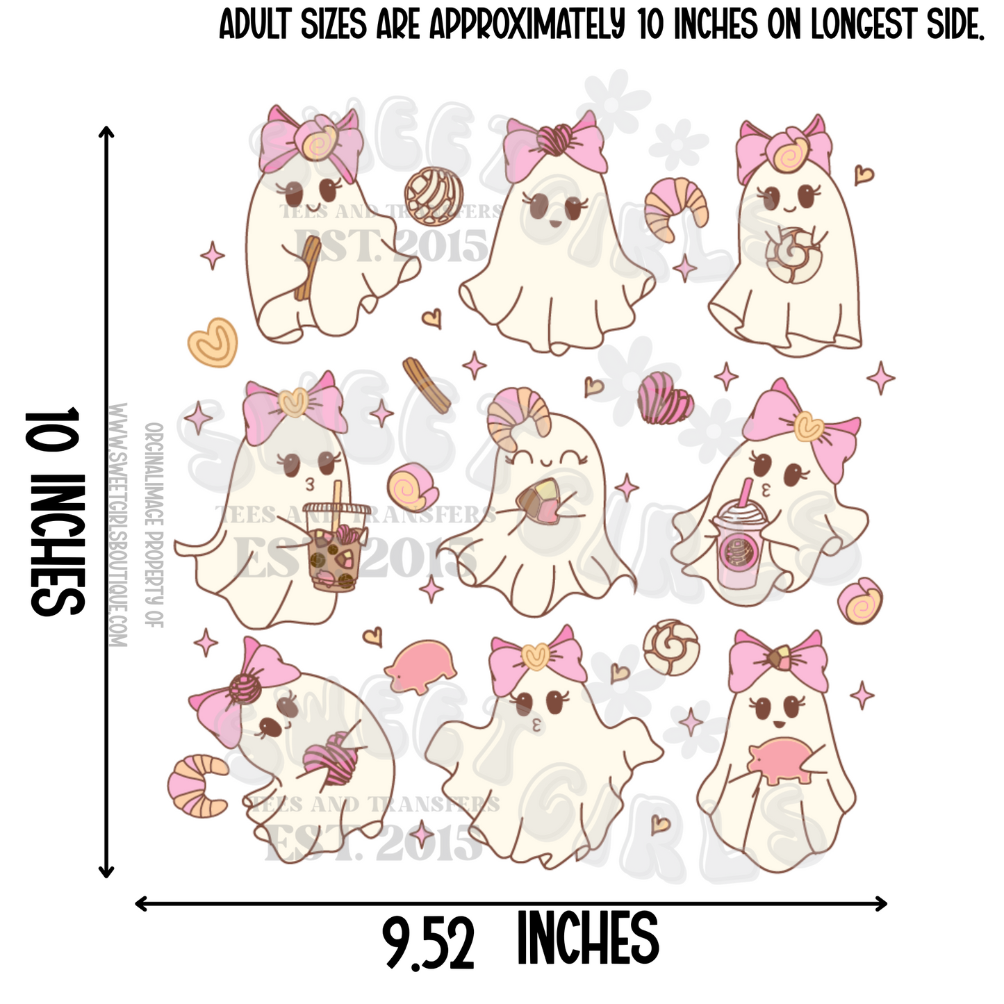 Sweet Bakery Ghosts Heat Transfer – Kawaii Halloween Ghosts with Cupcakes, Boba, Donuts, and Bows – Ready to Press DTF for Fall Tees, Totes, and DIY Gifts