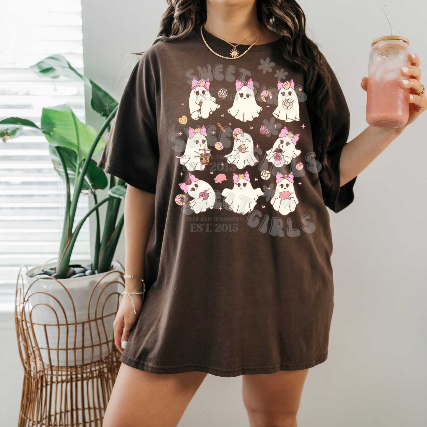 Sweet Bakery Ghosts Heat Transfer – Kawaii Halloween Ghosts with Cupcakes, Boba, Donuts, and Bows – Ready to Press DTF for Fall Tees, Totes, and DIY Gifts