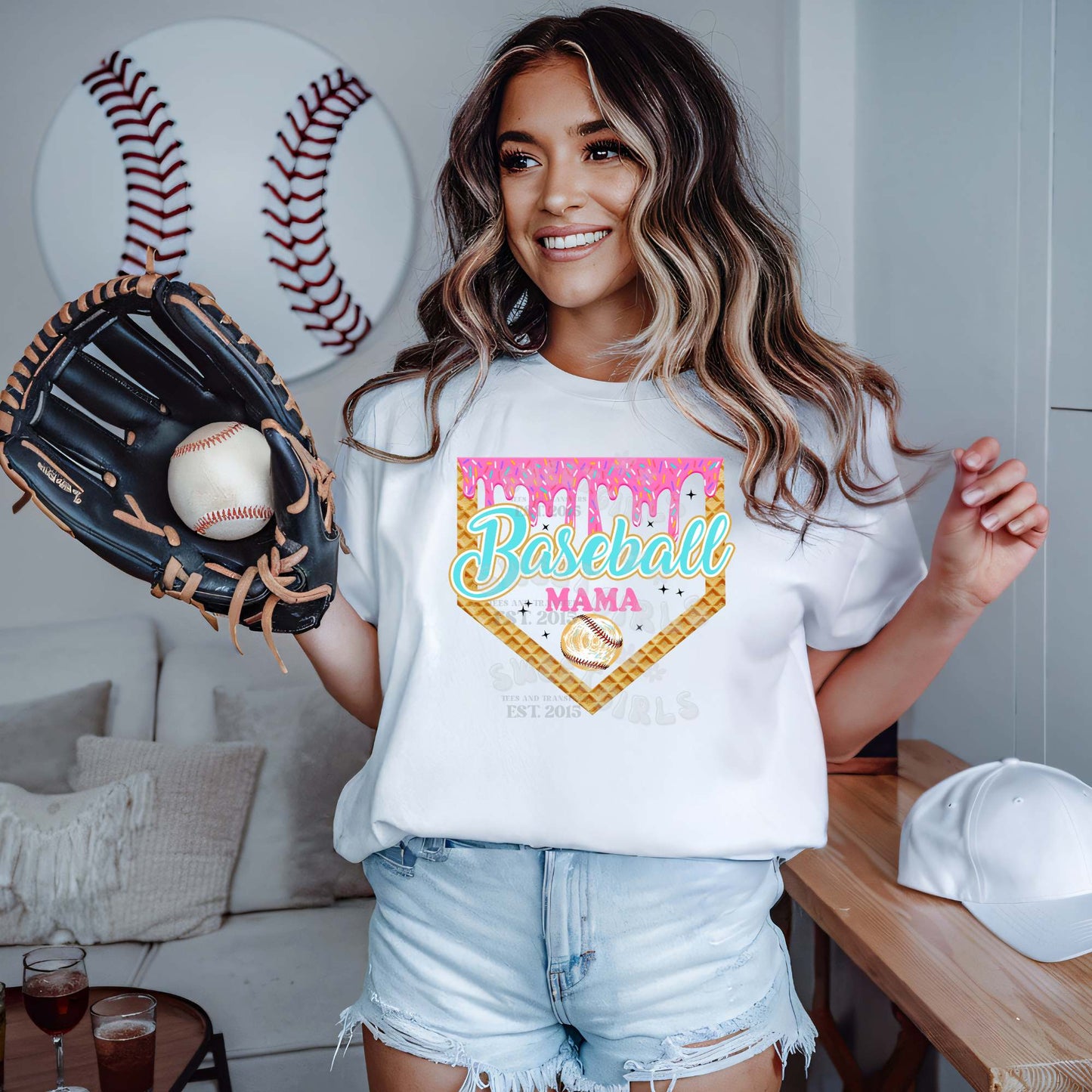 Baseball Mama Heat Transfer – Pink Drip Waffle Cone Home Plate Design – Ready to Press for Shirts, Totes, and DIY Gifts – Sporty Summer Mom Style