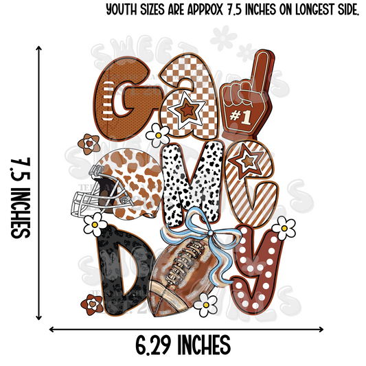 Trendy Game Day Heat Transfer – Western Cow Print Football Helmet, Retro Stars, and Bow – Ready to Press DTF for Fall Sports Shirts, Fans & Tailgate DIYs