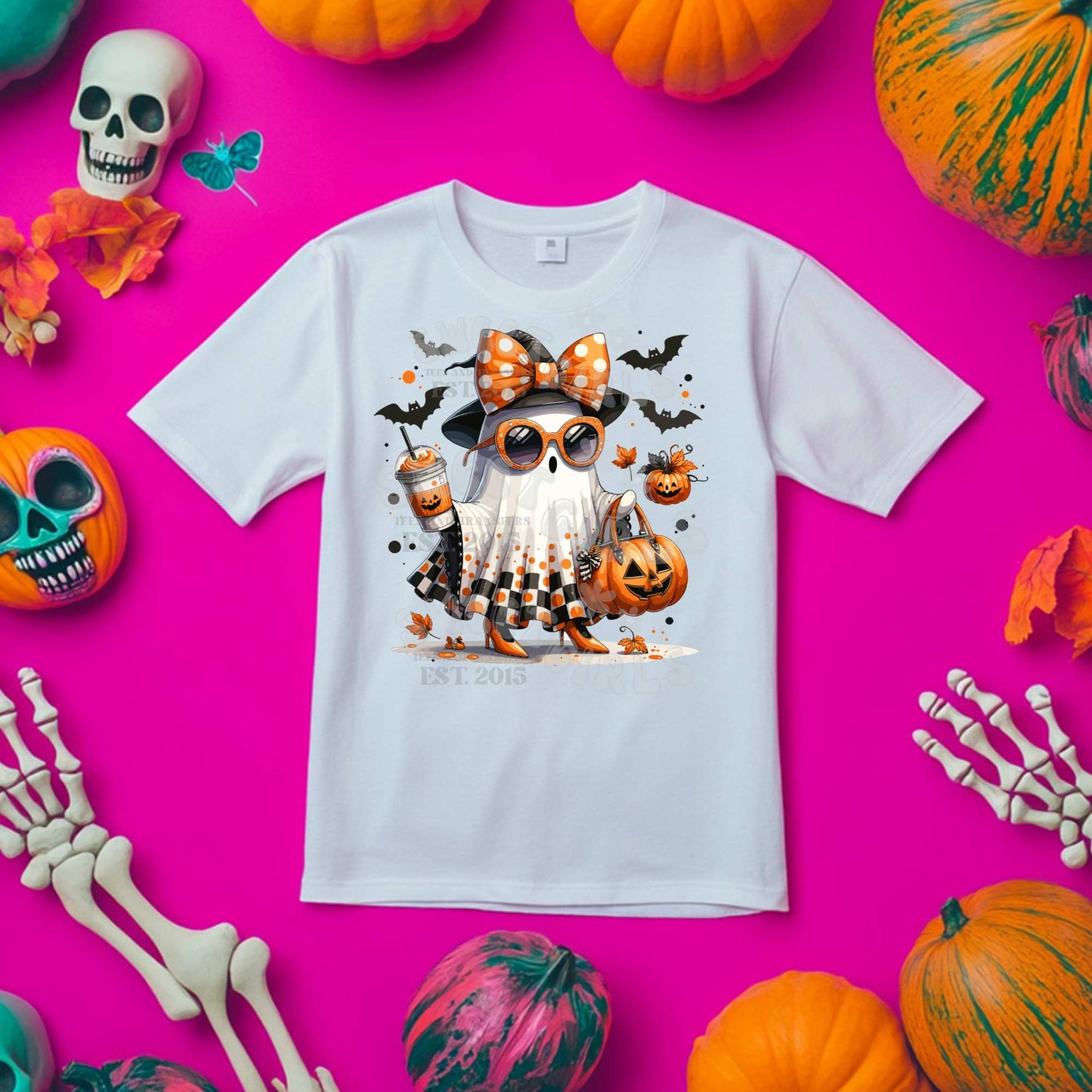 Trendy Ghost Girl DTF Transfer – Pumpkin Purse, Coffee, Sunglasses – Ready to Press