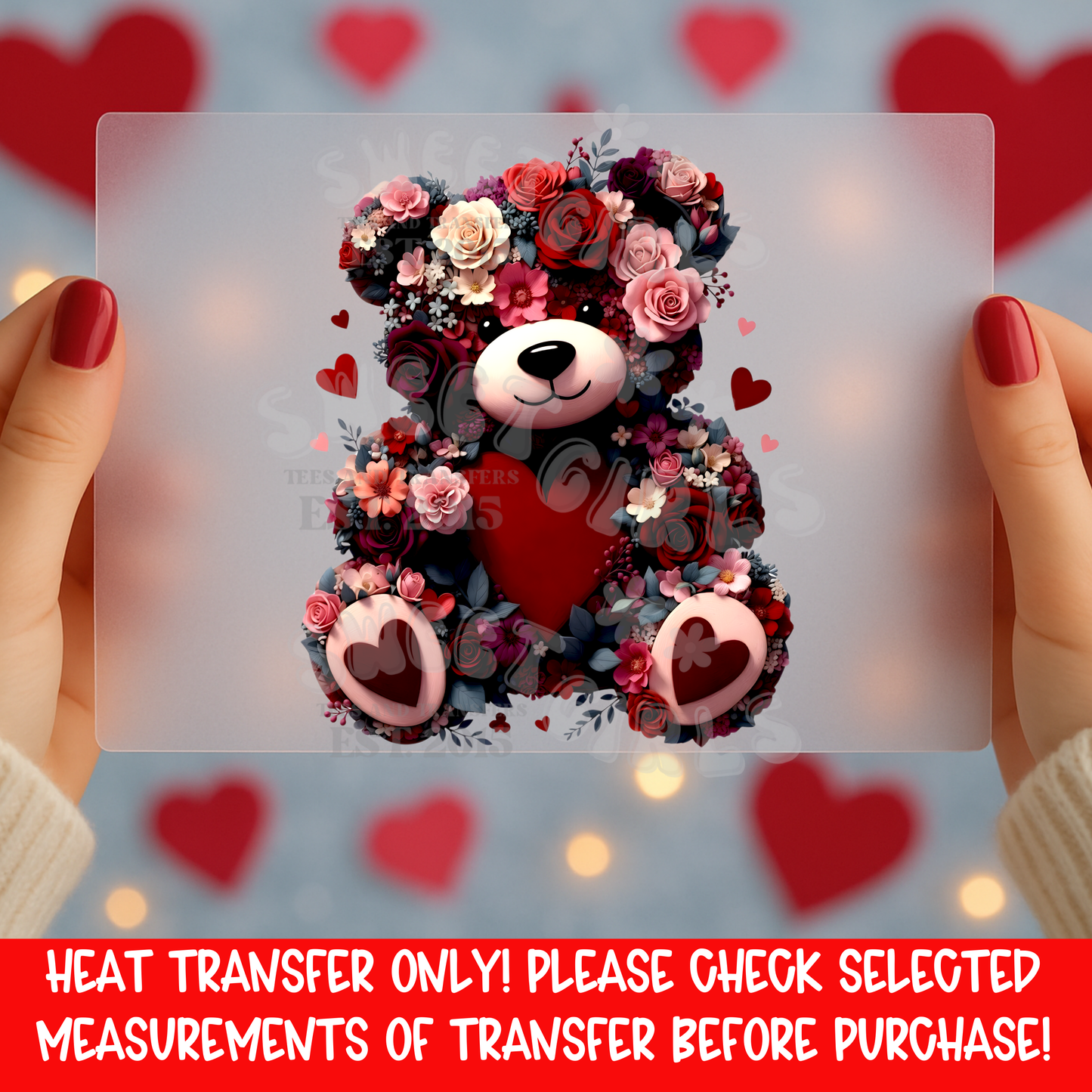 Floral Valentine Bear DTF Heat Transfer Cute Teddy Bear Heart Design Iron On Transfer