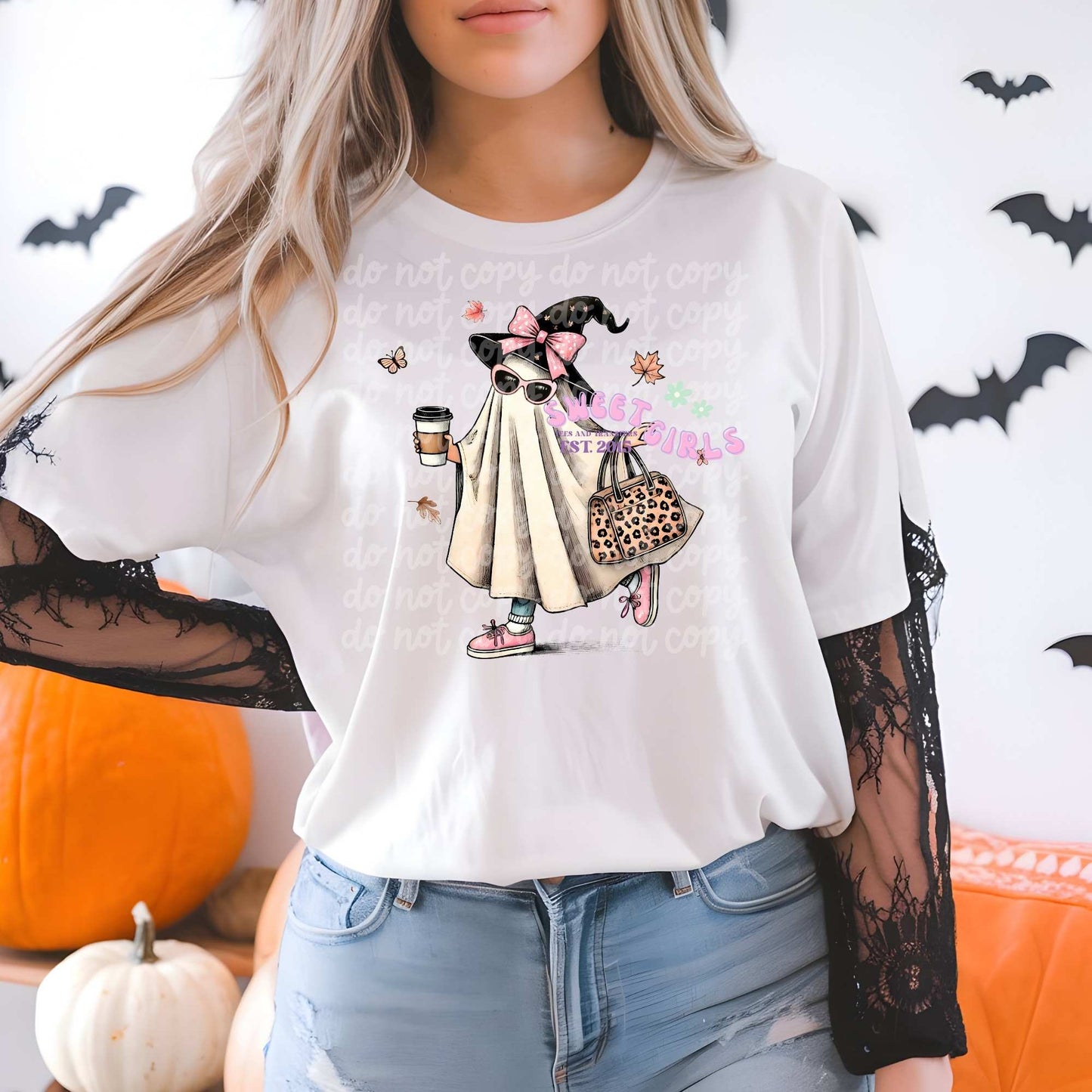 Trendy Ghost Girl with Coffee Fall Halloween Heat Transfer