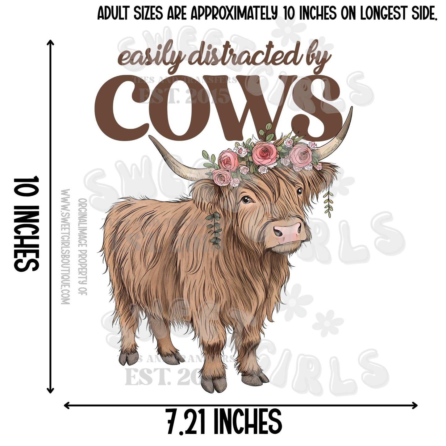 Easily Distracted by Cows Floral Highland Cow Heat Transfer