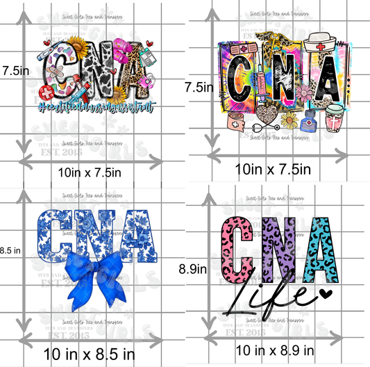 CNA DTF Heat Transfer Bundle – 4 Pack Certified Nursing Assistant Designs – 10" Ready to Press Nurse Iron-On Transfers for Shirts, Scrubs, and Gifts