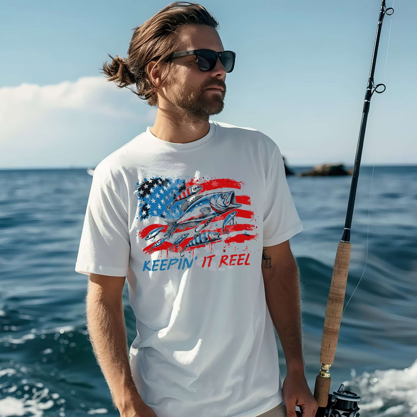 Keepin' It Reel DTF Heat Transfer – Patriotic Fishing American Flag Design – Ready to Press Iron-On for Outdoorsmen, 4th of July Shirts, and Summer Gear