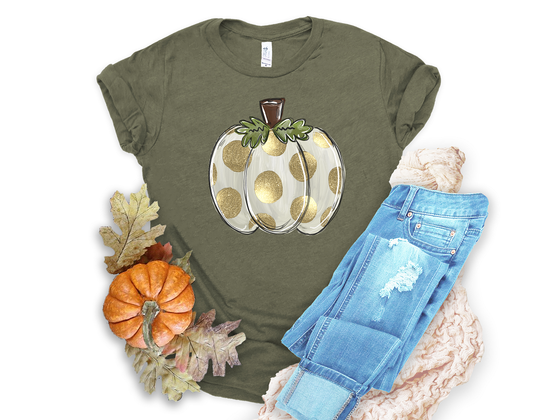 Gold Dotted Pumpkin Tee, Raglan, or Sweatshirt