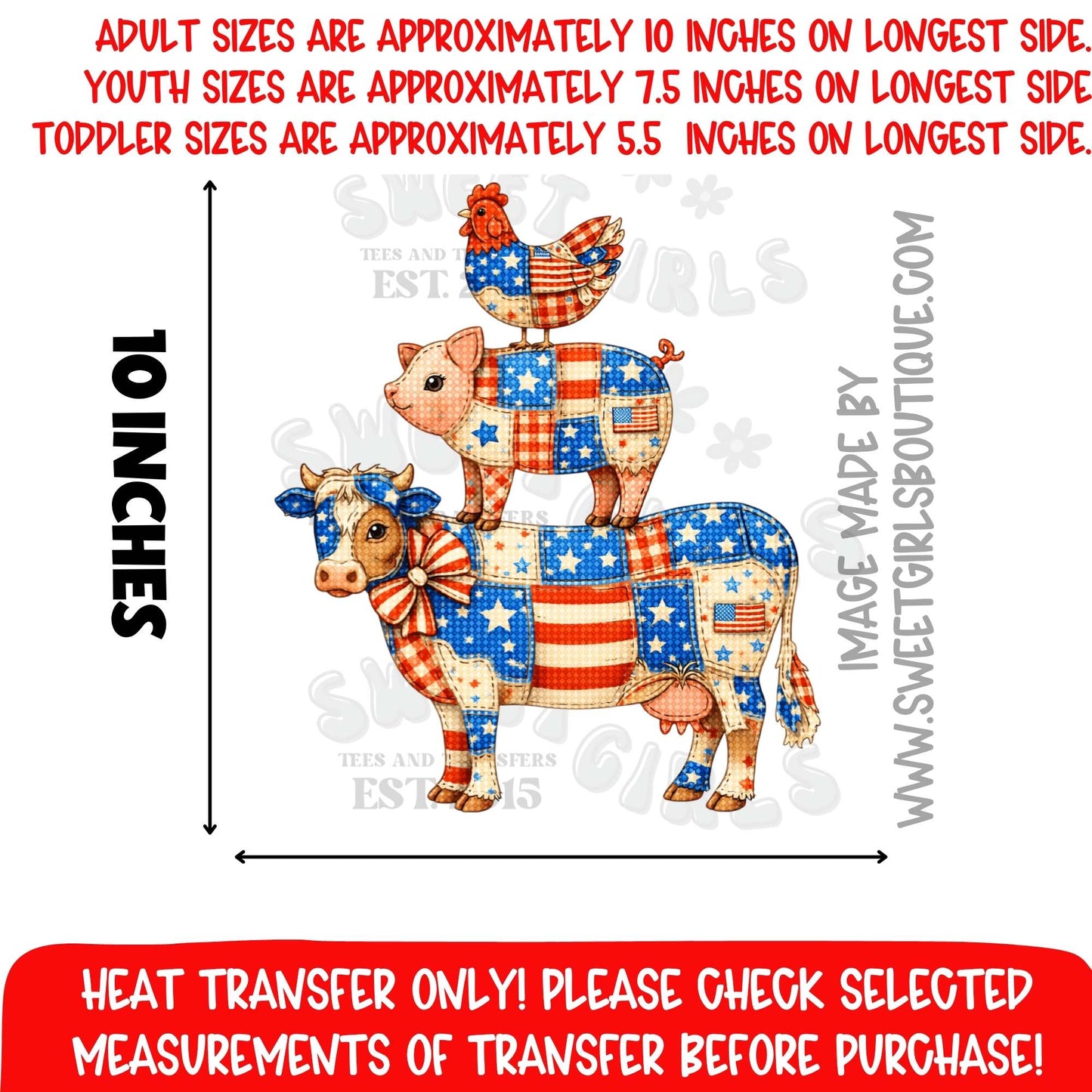Patriotic Farm Animal Heat Transfer NOT A SHIRT cow pig chicken america dtf transfer red white blue farmhouse heat transfer