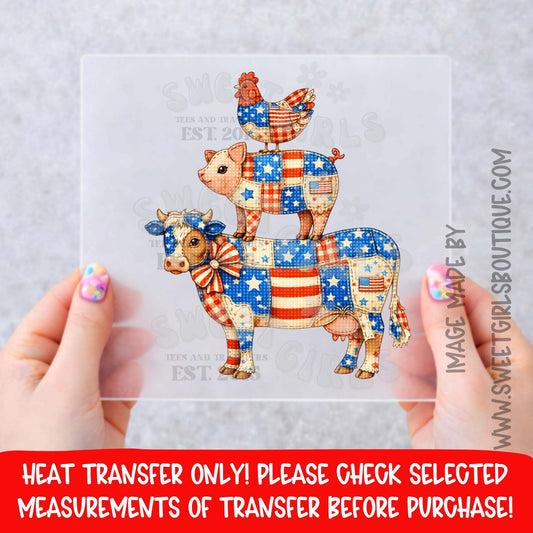 Patriotic Farm Animal Heat Transfer NOT A SHIRT cow pig chicken america dtf transfer red white blue farmhouse heat transfer