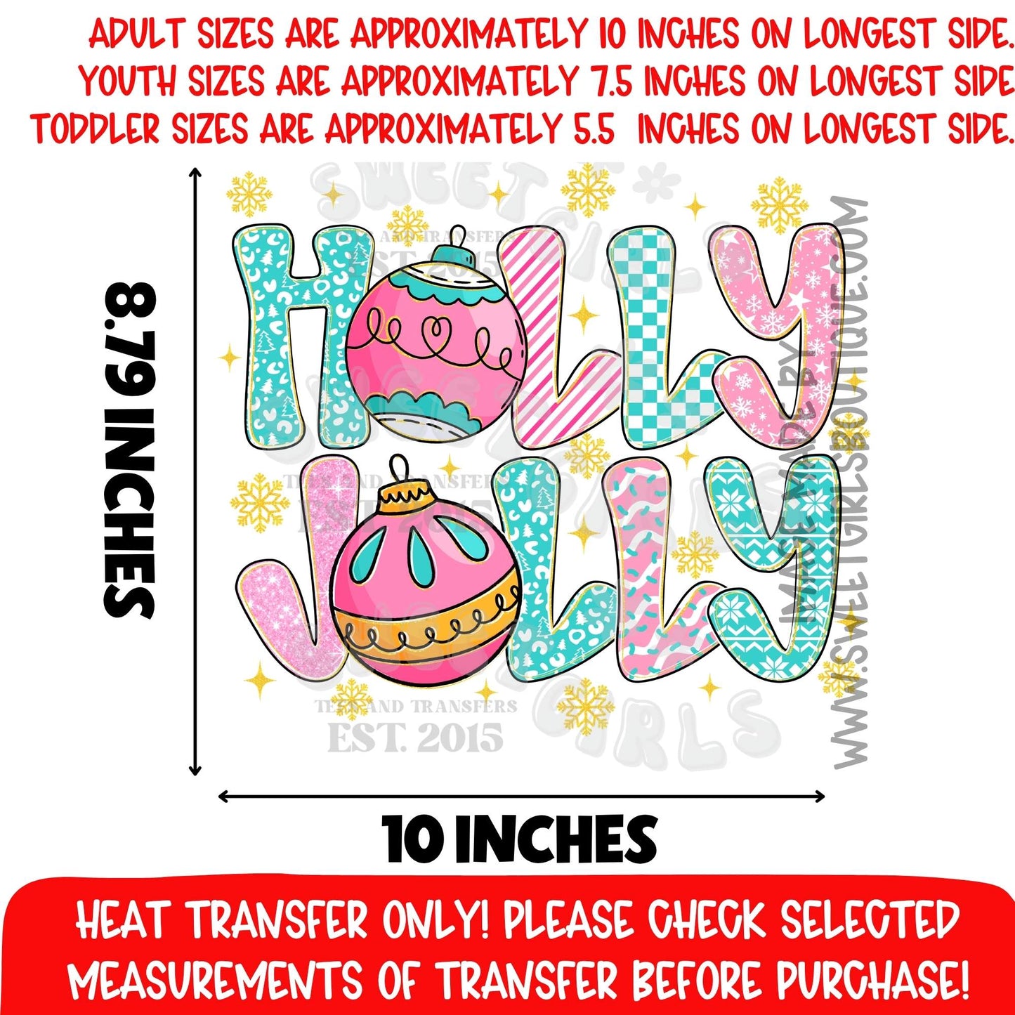 HOLLY JOLLY CHRISTMAS ORNAMENT HEAT TRANSFER PINK BLUE RETRO HOLIDAY DTF PRINT NOT A SHIRT