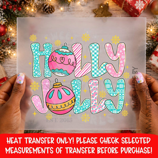 HOLLY JOLLY CHRISTMAS ORNAMENT HEAT TRANSFER PINK BLUE RETRO HOLIDAY DTF PRINT NOT A SHIRT