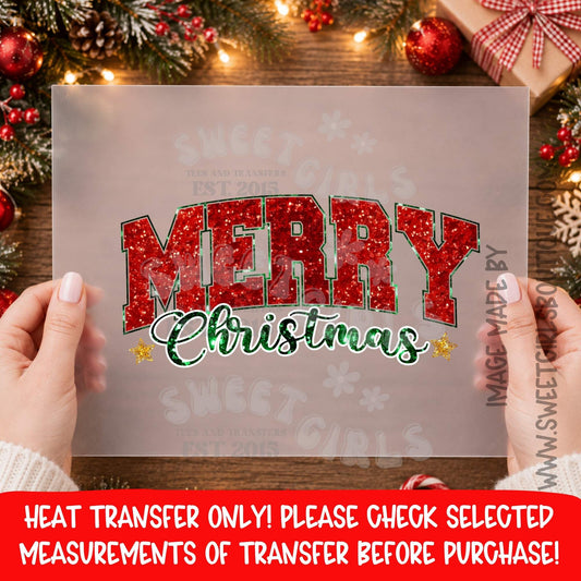 MERRY CHRISTMAS GLITTER HEAT TRANSFER RED GREEN CHRISTMAS DTF PRINT HOLIDAY NOT A SHIRT