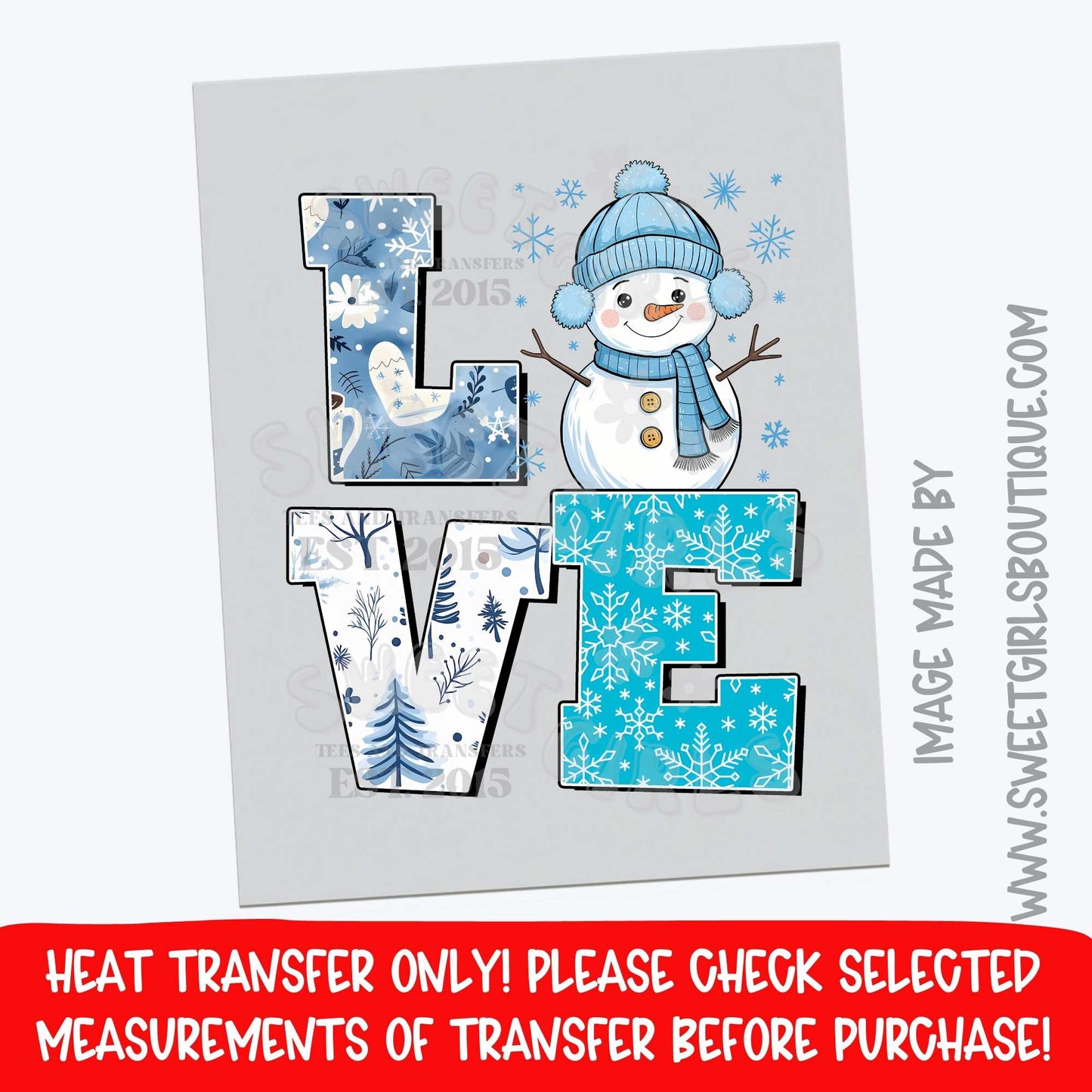 LOVE Snowman Winter Heat Transfer – Blue Snowflake Lettering DTF Print (Not a Shirt)
